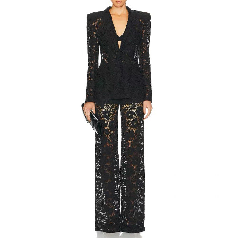 Elegant Lace Two-Piece Suit with Straight-Leg Pants