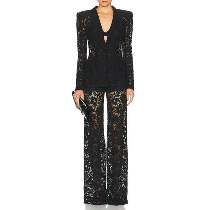 Elegant Lace Two-Piece Suit with Straight-Leg Pants