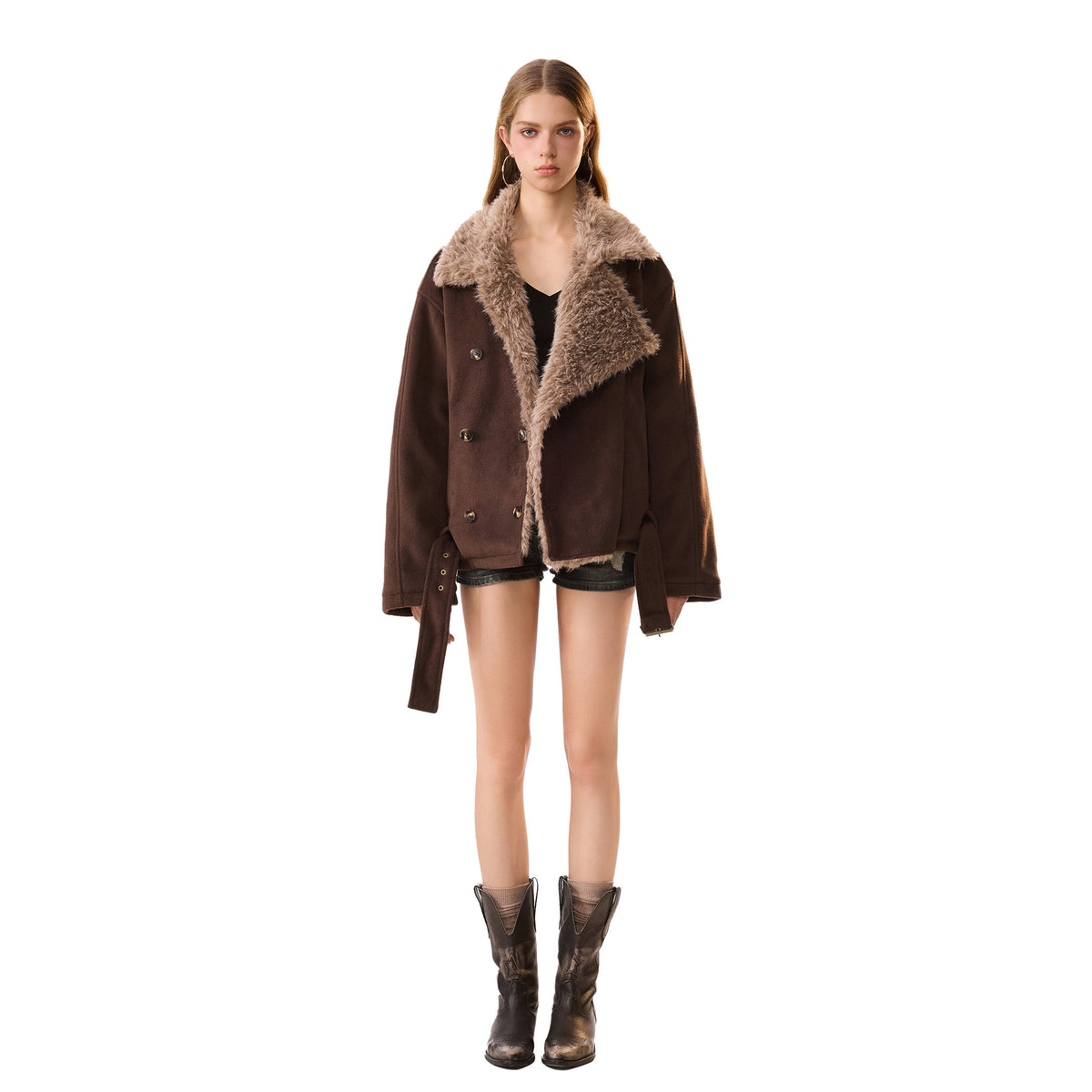 Wollen jas in biker style met dubbele rij knopen en ceintuur