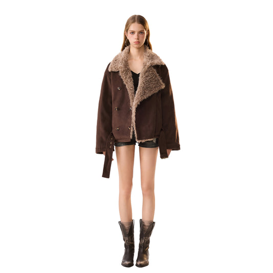 Wollen jas in biker style met dubbele rij knopen en ceintuur