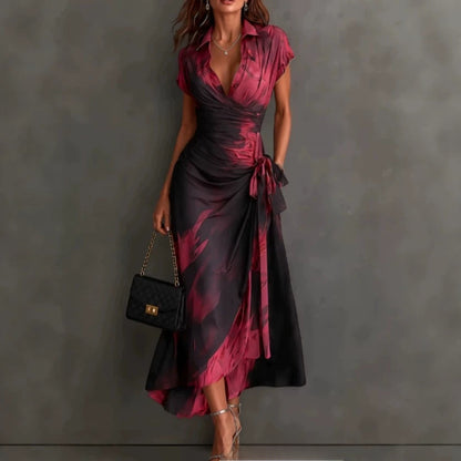 Elegant printed short-sleeved lace-up dress