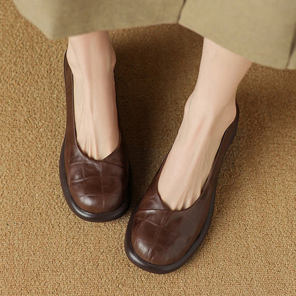 Womens Genuine Leather Round Toe Thick Heel Loafers Comfortable Retro Flats