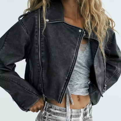 Dames Imitatieleren motorjack met verweerd effect