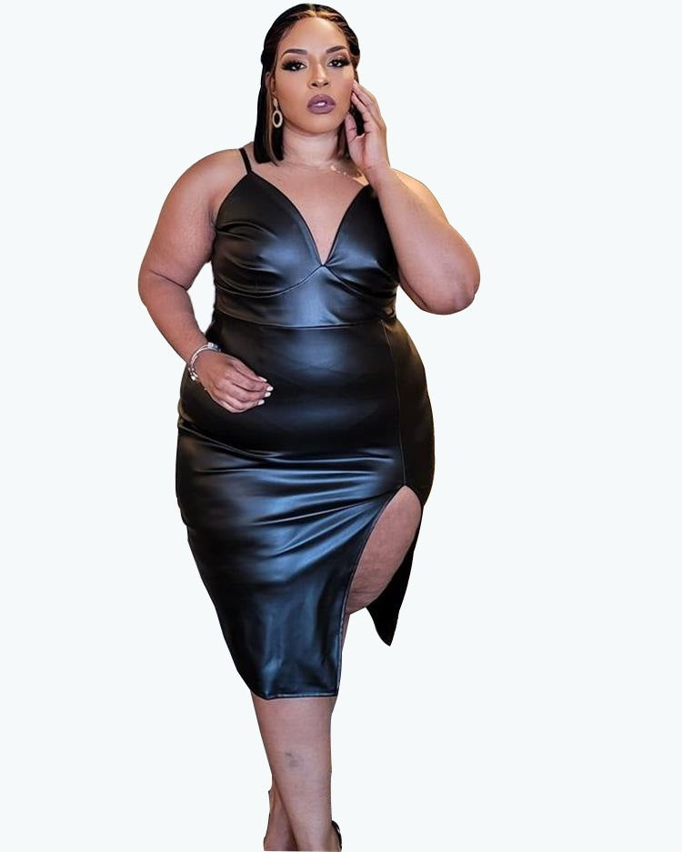 Plus Size PU leren split heup cami jurk