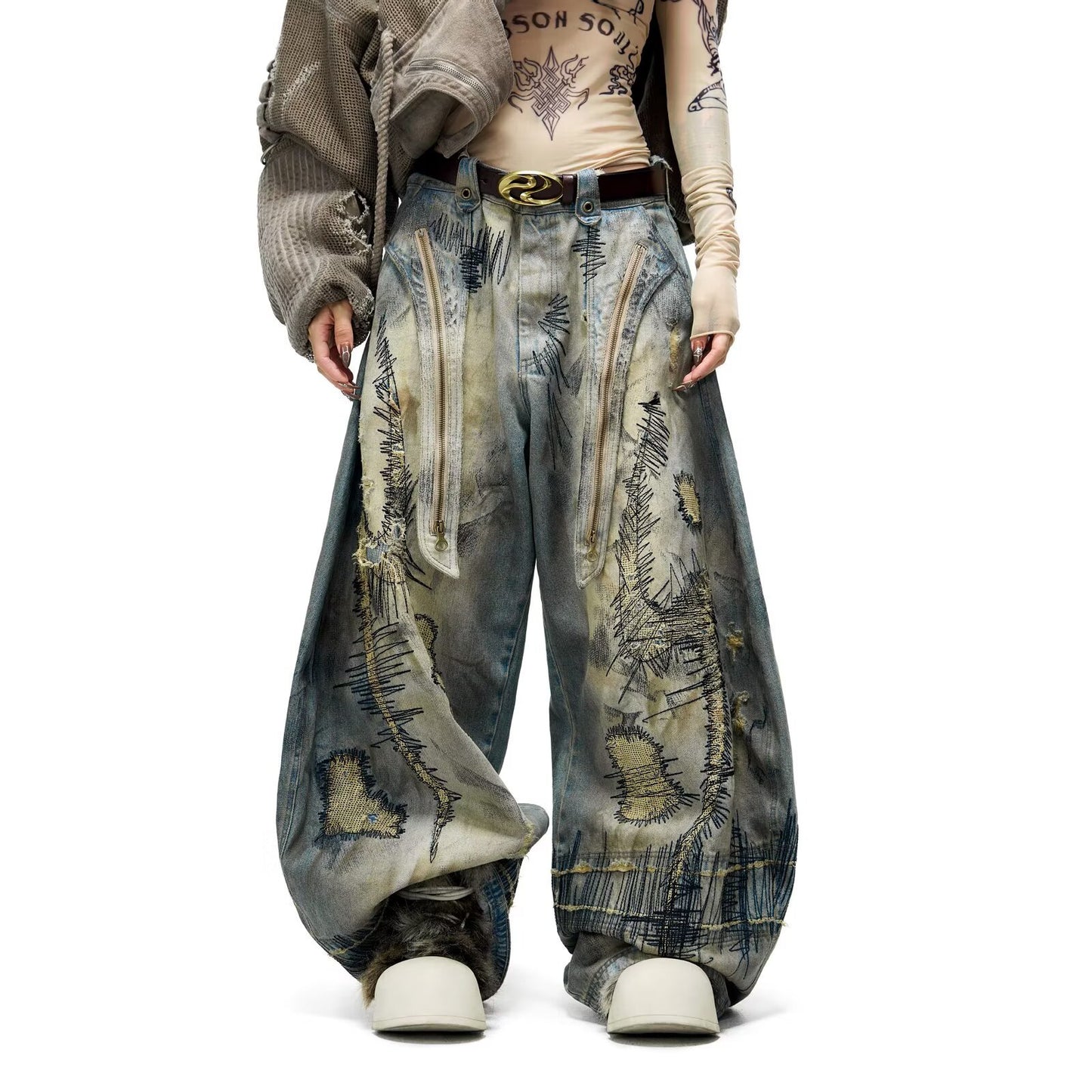 Loose Fit Distressed Embroidered Denim Pants