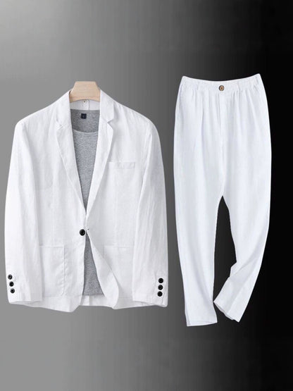 Men's Summer Korean-Style Linen Suit Set ? Slim-Fit, Lightweight Cotton-Linen Casual Blazer and Trousers, Sun-Protective Two-Piece Outfit