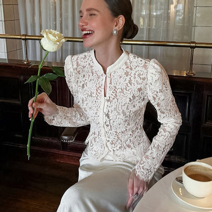 Retro Style Slim Fit Small Stand Collar Puff Sleeve Lace Knit Jacquard Top Women's High-End Shirt