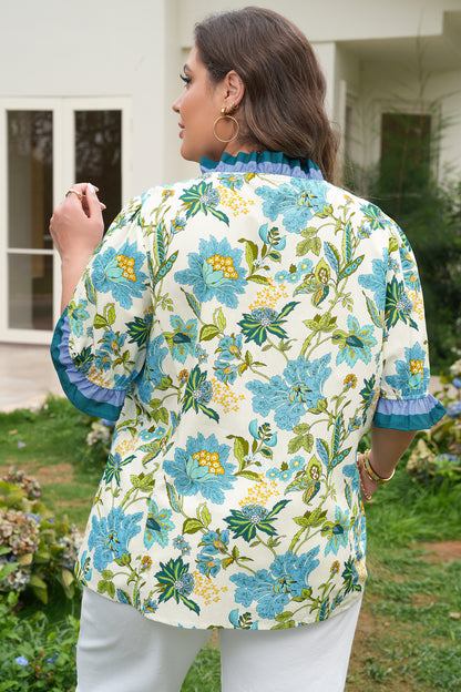 Blouse met ruches V-hals korte mouwen en bloemenprint plus size