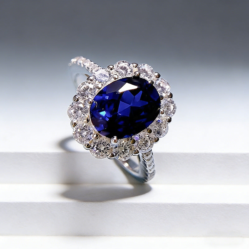 Classic Synthetic Sapphire Oval Zircon Ring