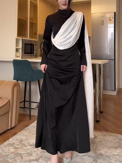 Contrasterende kleur sjaal taille lange mouw maxi-jurk