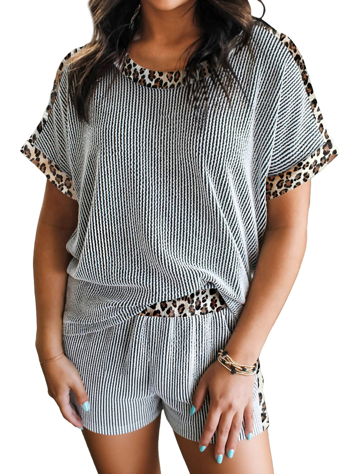 Women's Leopard Print Ribbed T-Shirt and Shorts Set