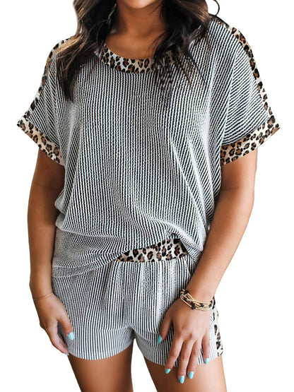 Women's Leopard Print Ribbed T-Shirt and Shorts Set