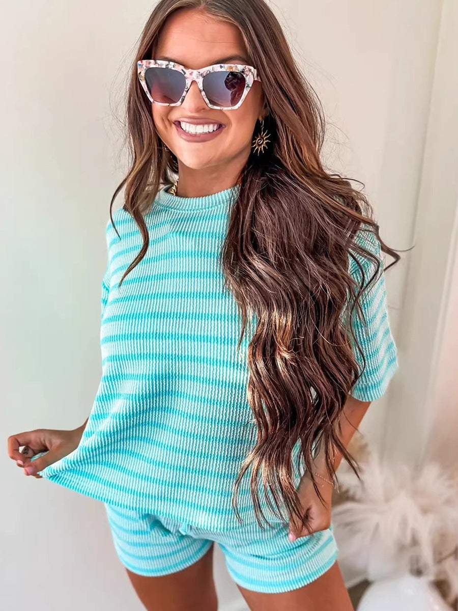 Women's Stripe Print Short Sleeve Shorts Set