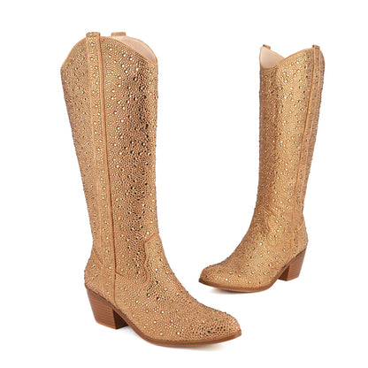 Rhinestone Chunky Heel Denim Boots