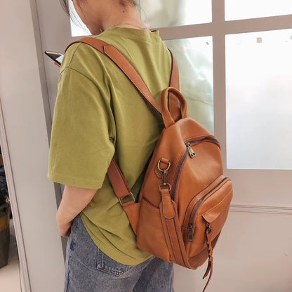 Genuine Leather Backpack Women First Layer Cowhide Retro Solid Color Student Schoolbag