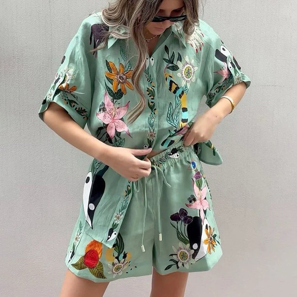 Womens Loose Printed Shirt Shorts Set
