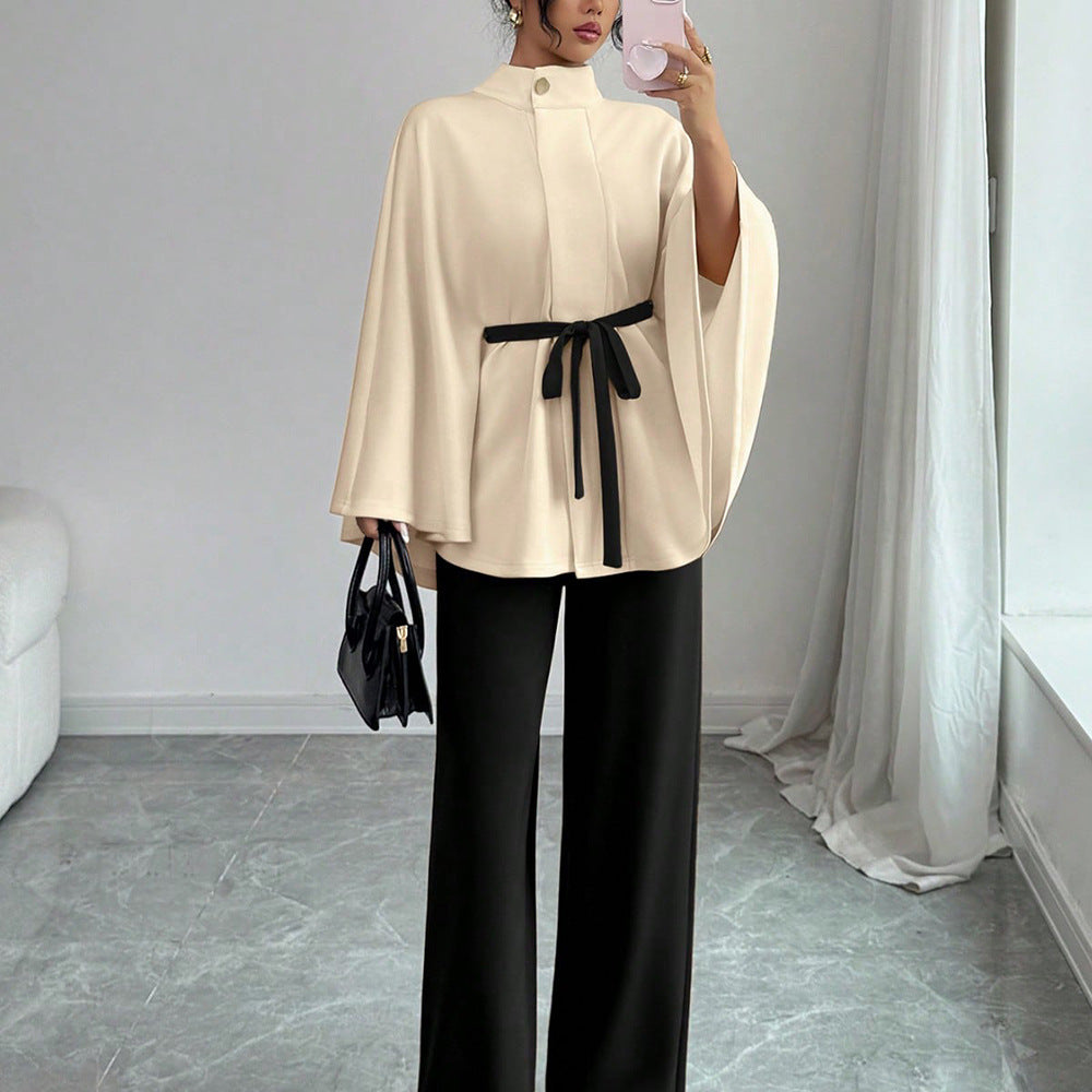 Women's Mock Neck Waist-Tie Short Woolen Coat Set