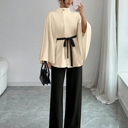 Women's Mock Neck Waist-Tie Short Woolen Coat Set