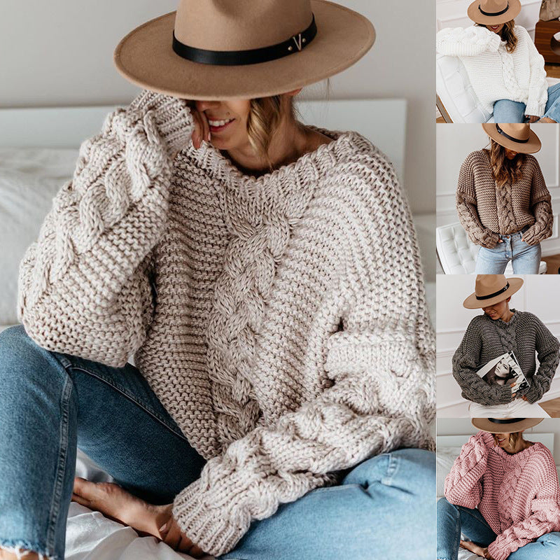 Women's Solid Color Round Neck Cable Knit Batwing Sleeve Loose Casual Pullover Sweater