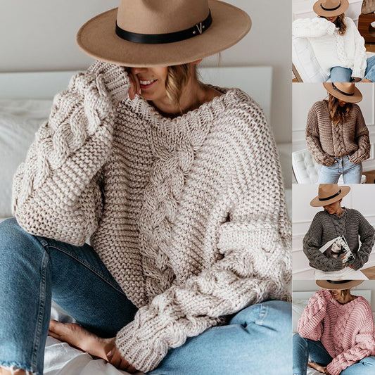 Women's Solid Color Round Neck Cable Knit Batwing Sleeve Loose Casual Pullover Sweater