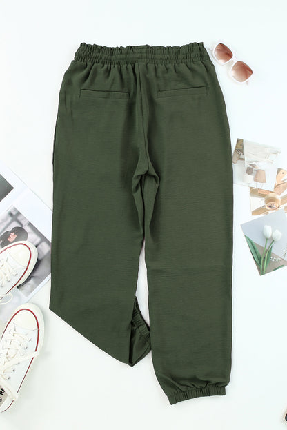 Groene effen casual broek met trekkoord zakken en elastische tailleband