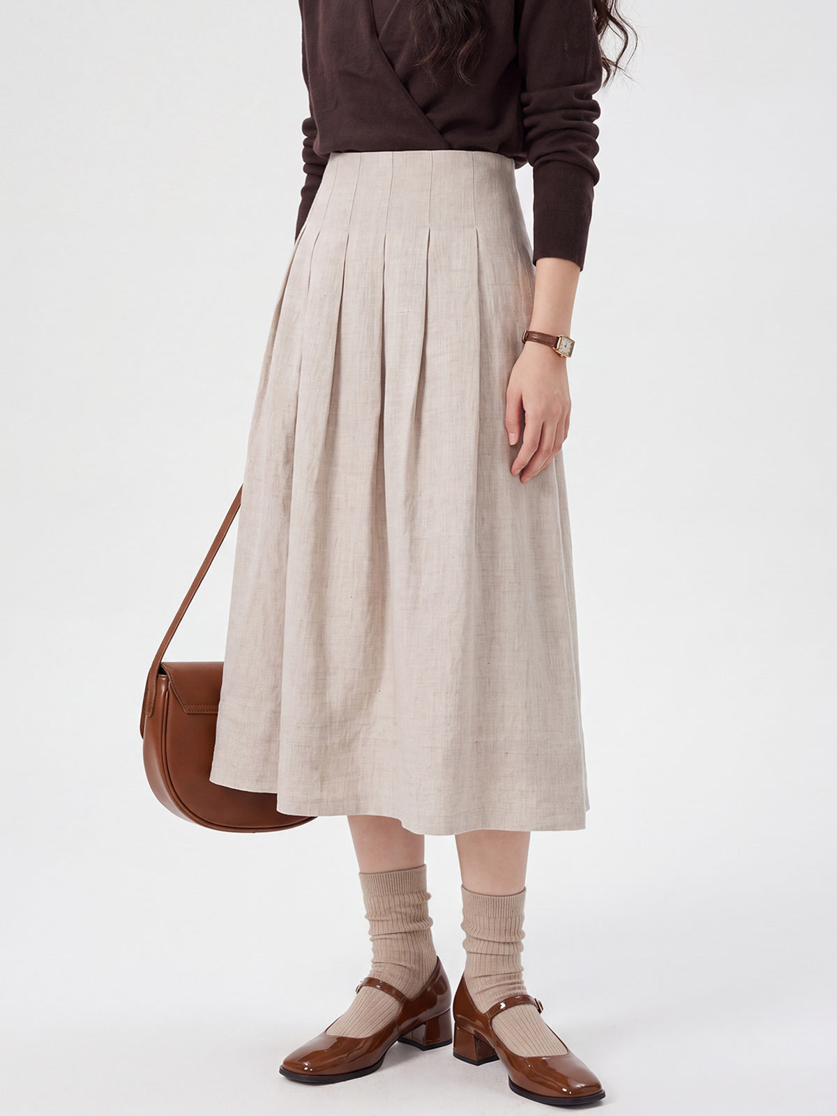 Women's High-Waisted Linen A-Line Pleated Skirt