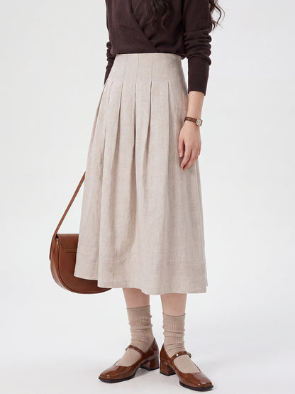 Women's High-Waisted Linen A-Line Pleated Skirt