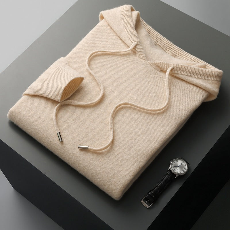 Mens Hooded Cashmere Blend Sweater Solid Color Long Sleeve Knit Pullover
