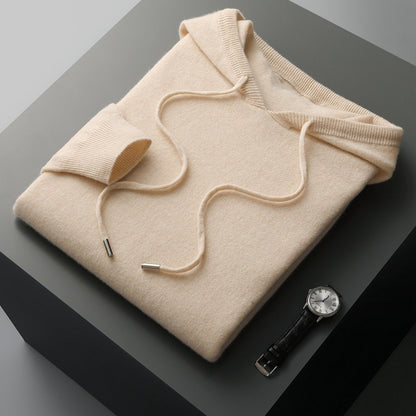 Mens Hooded Cashmere Blend Sweater Solid Color Long Sleeve Knit Pullover