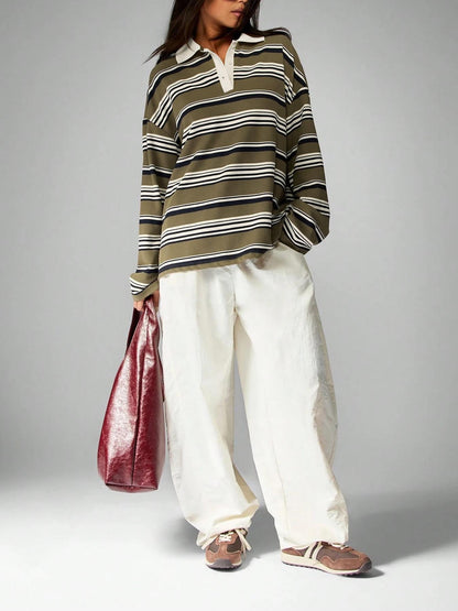 Retro Color-Block Striped Long-Sleeve Polo Sweatshirt,