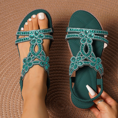 Bohemian Rhinestone Floral Flat Sandals