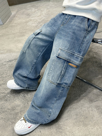 Losse denim cargo broek voor jongens