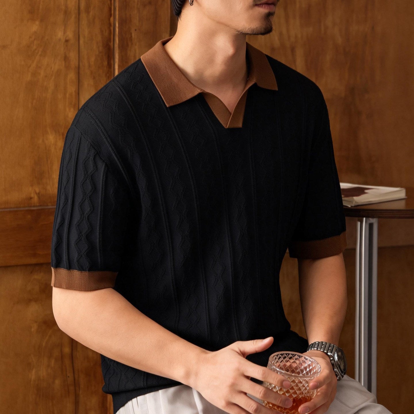 Men's Silk Jacquard Polo Shirt Summer Short Sleeve Knitwear