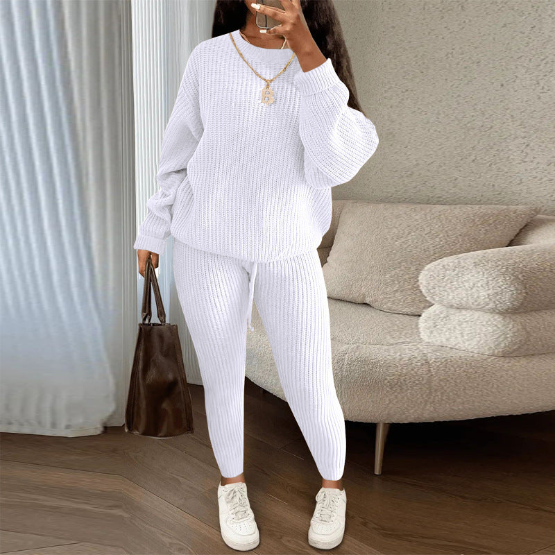Womens Casual Knitwear Suit Long Sleeve Two Piece Pants Set