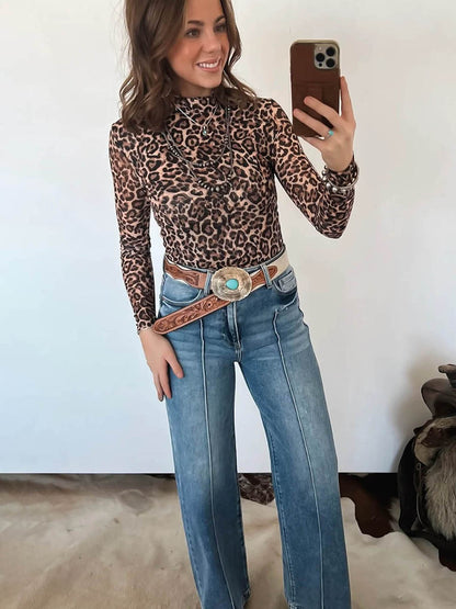 Women's Leopard Print High Neck Blouse