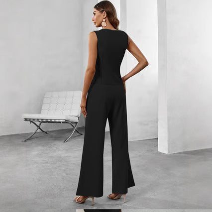 Women's V-Neck Sleeveless High-Waisted Button Pants Suit