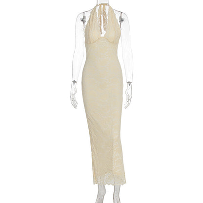 Women's Lace Halter Neck Bodycon Long Dress Sleeveless Backless V-Neck
