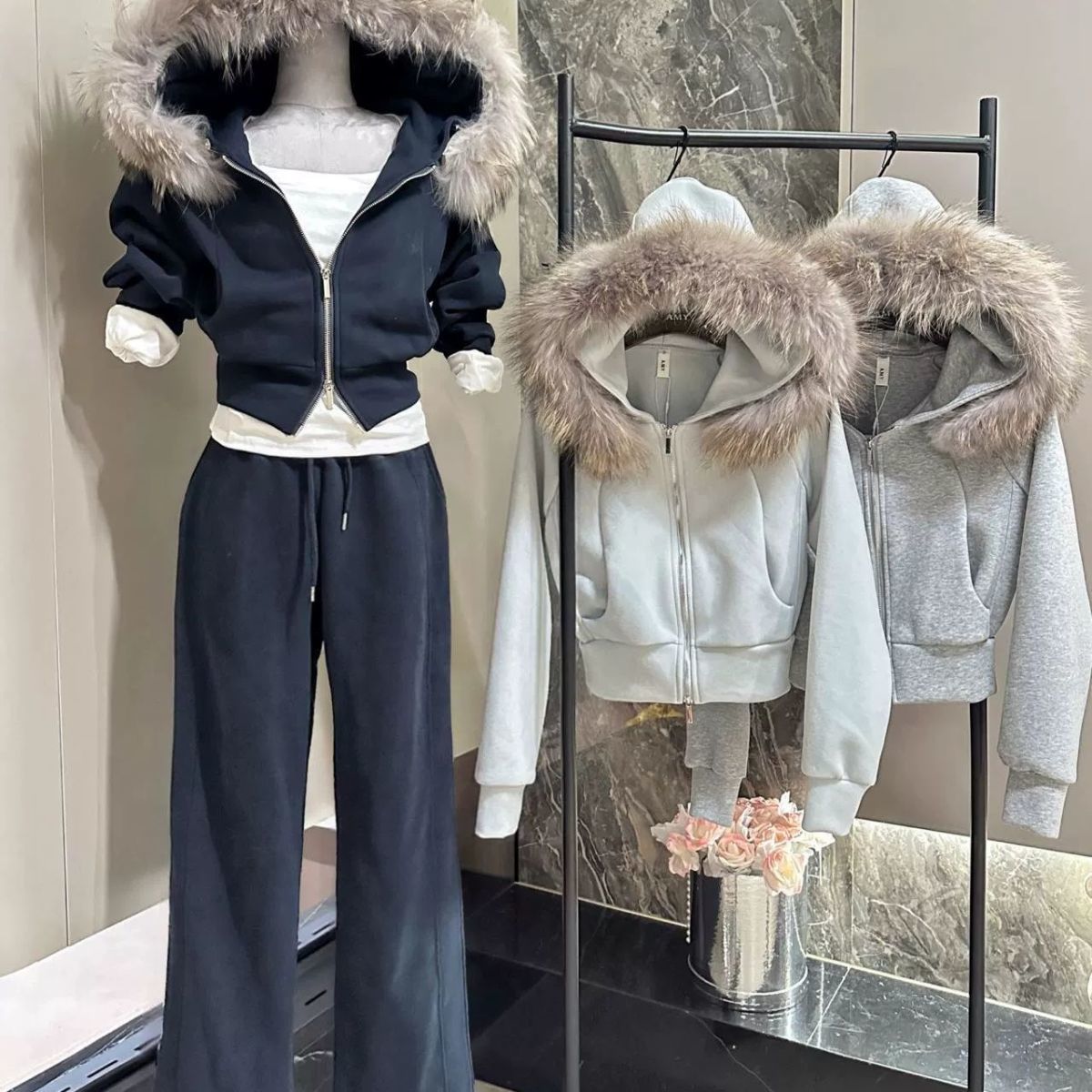 Fleece-Lined Thick Hooded Sweatshirt Jacket Pants Two-Piece Set