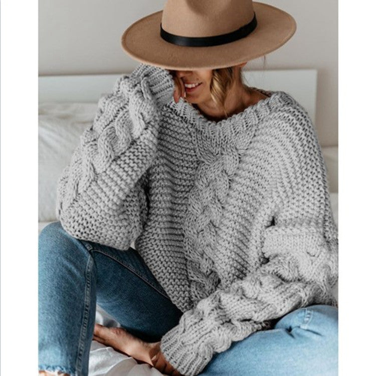 Women's Solid Color Round Neck Cable Knit Batwing Sleeve Loose Casual Pullover Sweater