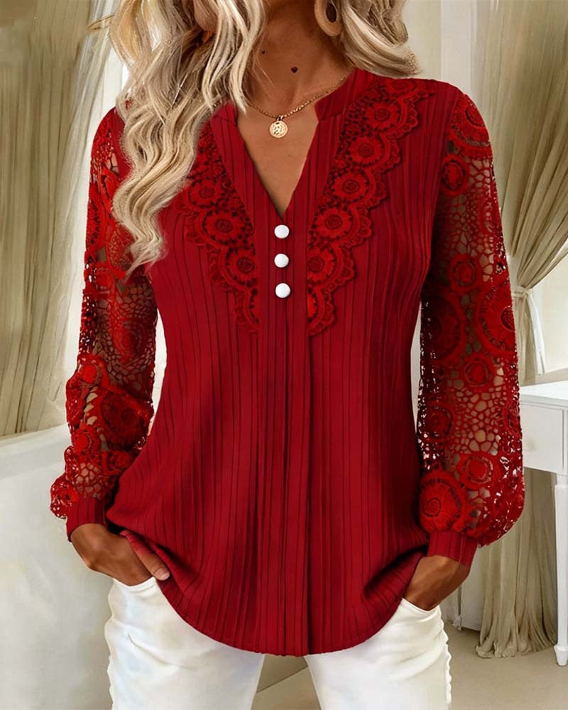 Women Solid Color V-Neck Lace Blouse Long Sleeve Slim Fit Shirt