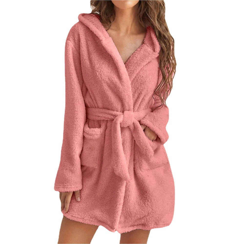 Womens Plush Hooded Bathrobe Warm Homewear