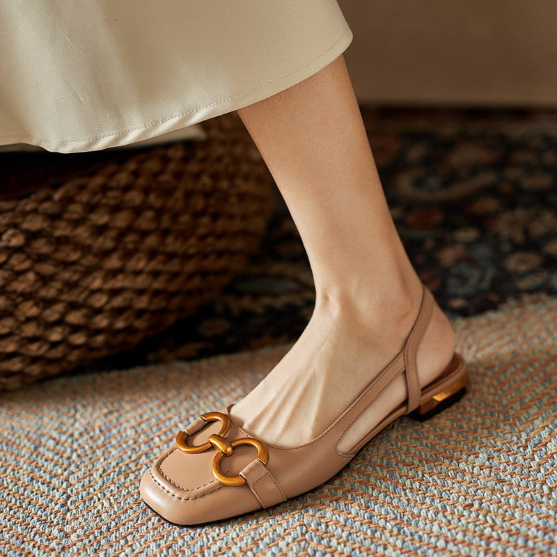 French Style Low Heel Retro Closed Toe Suede Sandals with Horsebit Buckle for Women