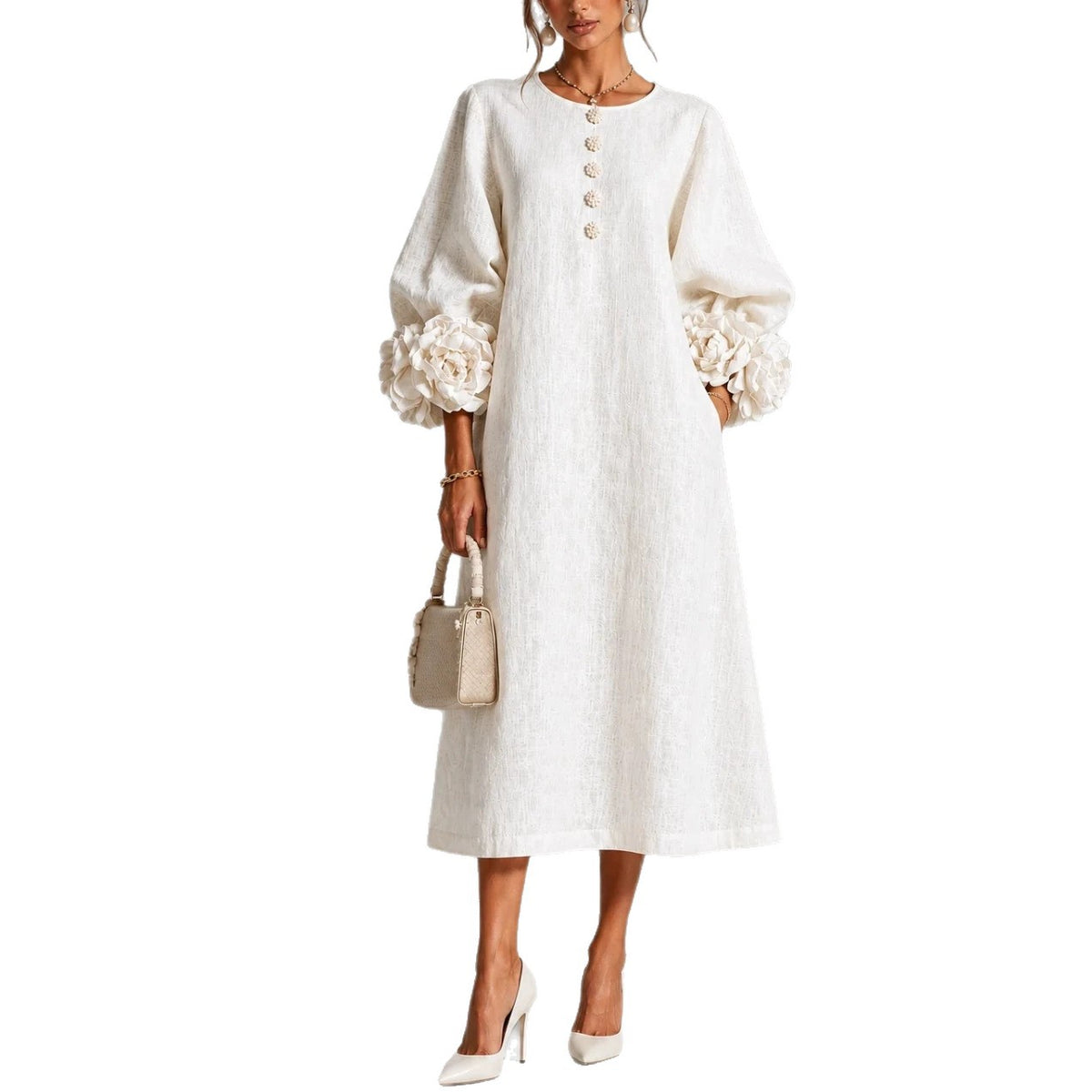 Elegant Floral Sleeve Cotton Linen Dress