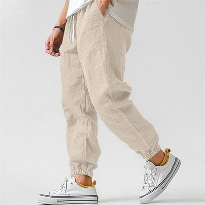 Men's cotton and linen casual plain color comfortable and breathable ankle-length pants