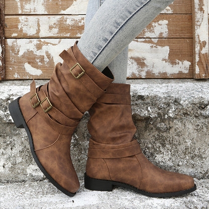 Womens Belt Buckle Low Heel Mid-Calf PU Leather Martin Boots