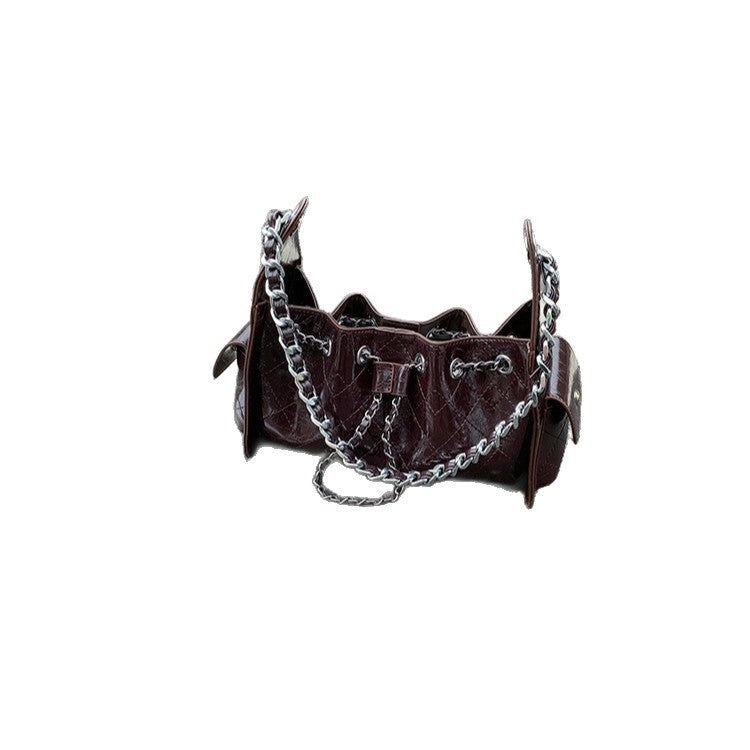 Women's Quilted Diamond Pattern PU Leather Chain Drawstring Shoulder Bag