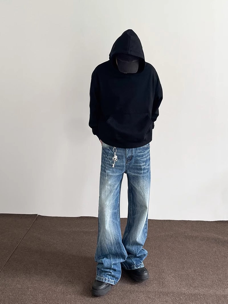 Mens Washed Denim Wide Leg Trousers