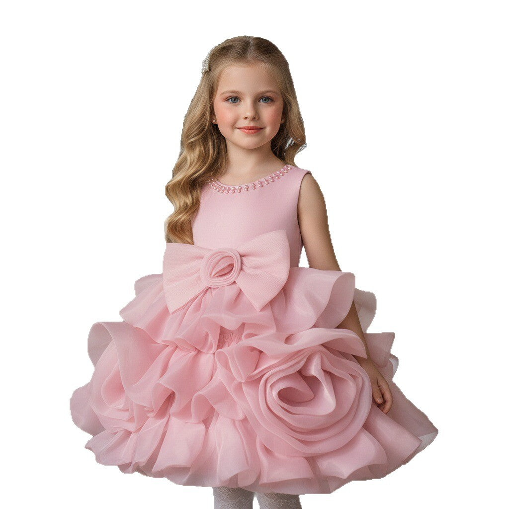 Girls Princess Dress with 3D Roses and Bow Tiered Tulle Birthday Party Gown
