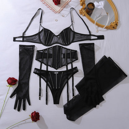Black Ultra-Thin Sheer Mesh Patchwork Shapewear Five-Piece Set with Gloves