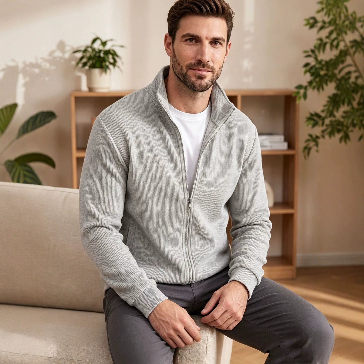 Mens Corduroy High Neck Zip Up Sweater